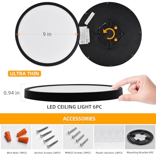 Hlite 9 Inch LED Flush Mount Ceiling Light,1800LM,6 Pack,3CCT | 18W 3000K/4000K/5000K Selectable,Super Slim,Low Profile Round Ceiling Light Fixtures for Kitchen,Bedroom,Hallway,Black - color: Black, size: 9 inch-6