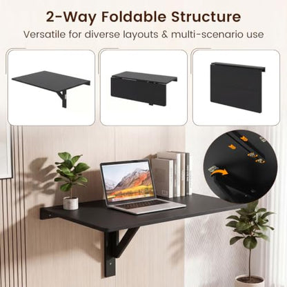 Tangkula 31.5" Wall Mounted Folding Desk, Drop-Leaf Floating Desk with Spacious Surface, Space-Saving Foldable Wall Table for Study, Bedroom, Laundry, Balcony & Small Spaces - color: Black