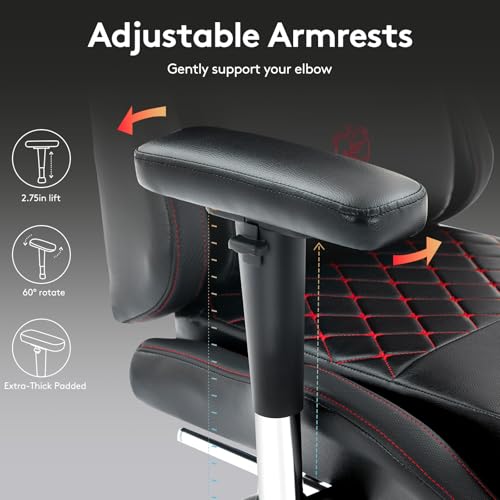 Gaming Chair,Office Chair with Footrest,Massage,Black Red | Gel Pad,Ergonomic,Spring Cushion,High Back,2D Adjustable Arms,Reclining,Lumbar Support,Headrest,Leather Gamer Chair - color: Black Red