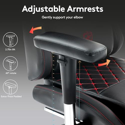 Gaming Chair,Office Chair with Footrest,Massage,Black Red | Gel Pad,Ergonomic,Spring Cushion,High Back,2D Adjustable Arms,Reclining,Lumbar Support,Headrest,Leather Gamer Chair - color: Black Red