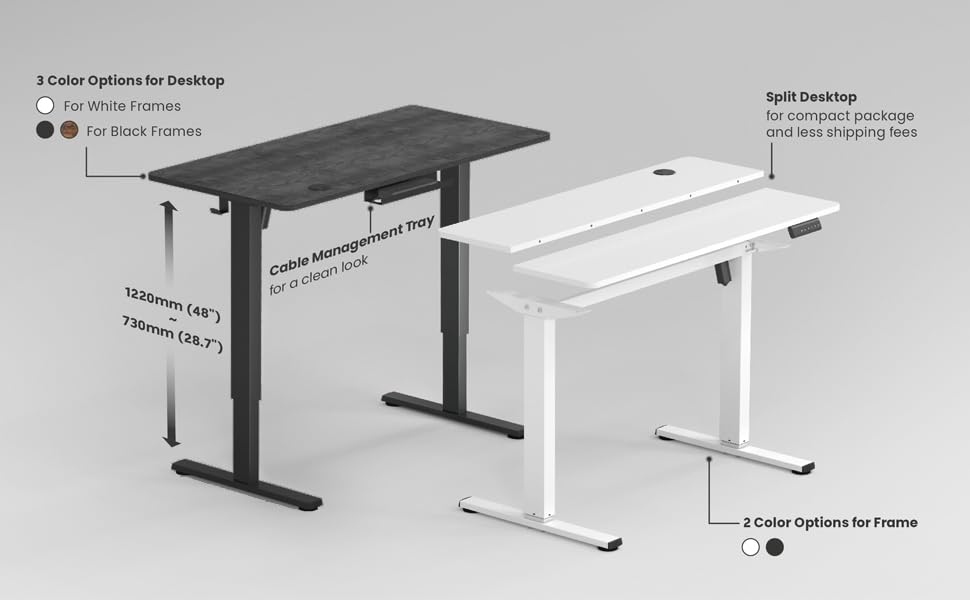 Duramex (TM) Single Motor 2 Segments Max. Height 1220MM Electric Sit Stand Desk Frame with 120cm x 60cm / 47" x 23.6" 2 Pieces Black Table Top with Memory Controller