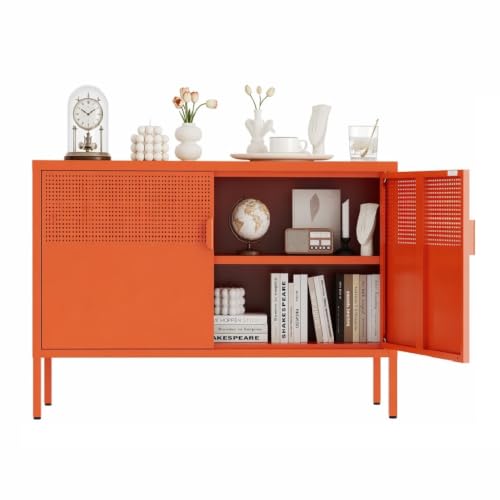 Metal Storage Cabinet,2 Door TV Stand, Metal Mesh Accent Cabinet | Magnetic Door Closure,Low Storage Cabinets with Doors and Shelf for Home,Office,Living Room - color: Orange, size: 25"H