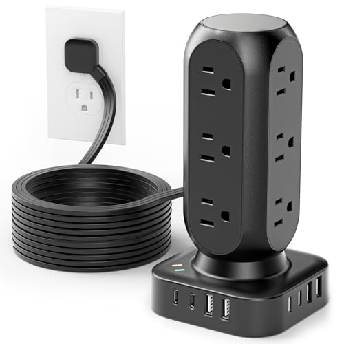 TenTrend Power Strip Tower, 4.8A Fast Charging Tower, 10 FT Extension Cord | 12 AC Outlets & 8 USB Ports (4USB-C), Flat Plug Charging Station for Home, Office, Dorm Room - color: Black, size: 10 FT - 3 Prong