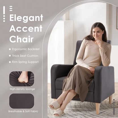 COLAMY Mid-Century Modern Accent Chair, Faux Leather Upholstered Living Room Chair with Back Pillow & Solid Wood Legs, Comfy Armchair for Living Room, Bedroom, Single Sofa, Dark Brown - color: Dark Brown, size: Set of 1