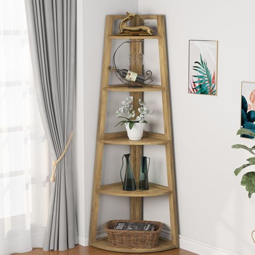 Tribesigns 70 inch Tall Corner Shelf, 5 Tier Modern Corner Bookshelf Bookcase Industrial Corner Ladder Shelf Plant Stand for Living Room, Kitchen, Home Office (Light Brown) - color: Light Brown