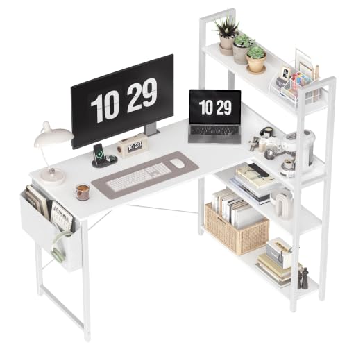 Treesland 40 Inch Computer Desk with Bookshelf, Corner Desk with Storage, L Shaped Desk, Home Office Desks, Writing Study Desk for Bedroom, White - color: White, size: 40 inch