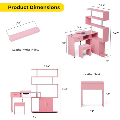 Kikihouse Manicure Table Nail Desk with Stool, L-Shaped Nail Tech Desk with Dust Collector, Two-Way Drawer, Cabinet & Storage Shelves, Rotating Reversible Manicure Workstation on Wheels (Pink) - color: Pink