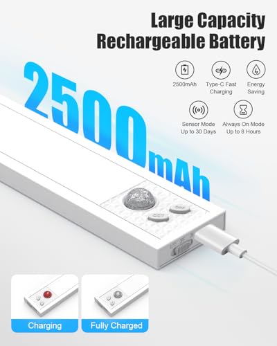 Under Cabinet Motion Sensor Lighting - 20 Inch Wireless Under Cabinet Lighting, Rechargeable with Magnetic Mount, 5CCT Adjustable for Kitchen/Hallway (White, 2-Pack)