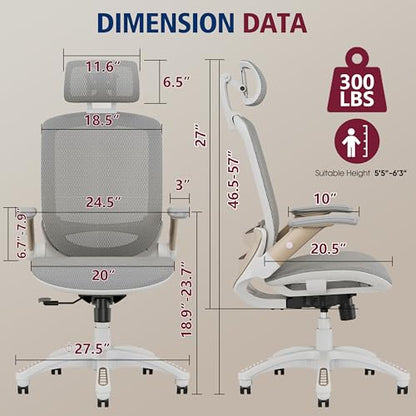 GABRYLLY Ergonomic Office Chair, High Back Home Desk Chair with Headrest, Flip-Up Arms, 90-120° Tilt Lock and Wide Cushion, Big and Tall Mesh Chairs for Man Woman, White Task Chair - color: White Frame - Black With Subtle White Undertones Mesh