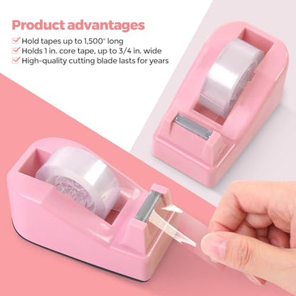 SKYDUE Pink Desk Accessories 11Pcs with Rotating Pen Holder for Desk | Included Stapler with Staples, Staple Remover, Tape Dispenser,2pcs Tape Refills, Binder Paper Clips Kit, Scissor, 2pcs Pens - color: Pink