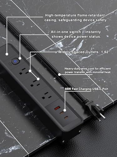 Recessed Power Strip 65W USB-C Fast Charging 3 AC Outlets for Home&Office | Drawer Outlet with 6ft Flat Plug Cable,Desk-Mounted Hidden Electrical Outlet ,Recessed Outlet Black