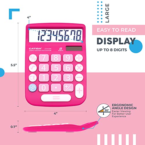 CATIGA Desktop Calculator 8 Digit with Solar Power and Easy to Read LCD Display, Big Buttons, for Home, Office, School, Class and Business, 4 Function Small Basic Calculators for Desk, CD-8185 - color: Pink