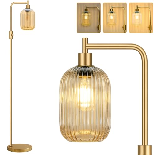 【Upgraded】 Dimmable Floor Lamp for Living Room with Amber Ribbed Glass Lampshade, Gold Modern Floor Lamp with 900LM LED Bulb Included, Arc Standing Tall Lamp for Bedroom, Office, Reading Room, Corner - color: Amber Ribbed Glass-Gold