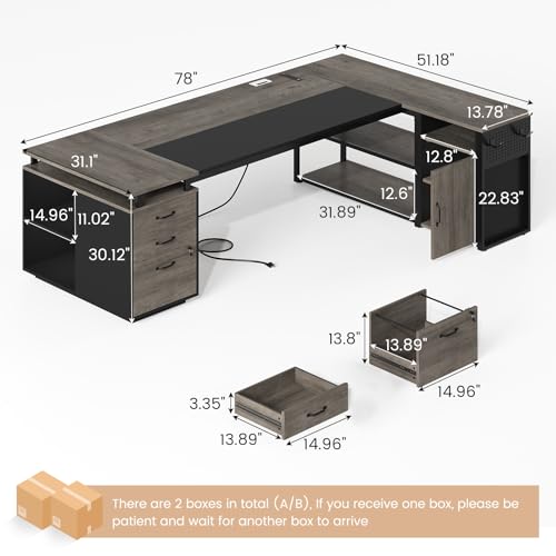 78" Executive Desk with Lockable File Cabinet, L Shaped Office Desk with Power Outlets, Large Executive Desk with Drawers and Storage Shelves , Reversible Computer Desk with Privacy Screen, Grey - color: Grey