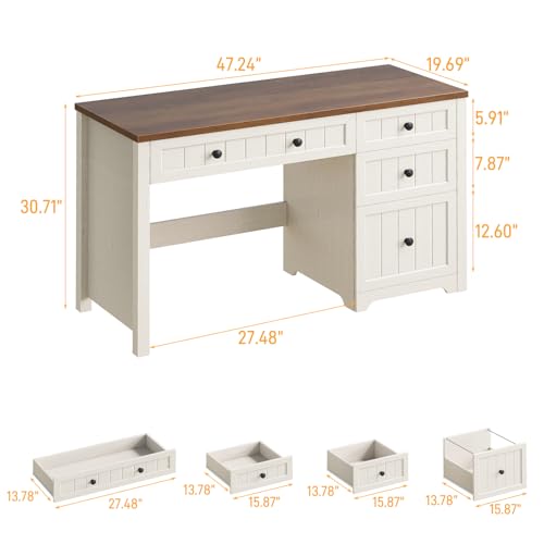 Vabches Farmhouse Executive Desk with 4 Drawers, Home Office Desk with File Drawer, Wood Computer Desk with Storage, Rustic Office Desk for Work Study Writing, Brown White - color: Brown White