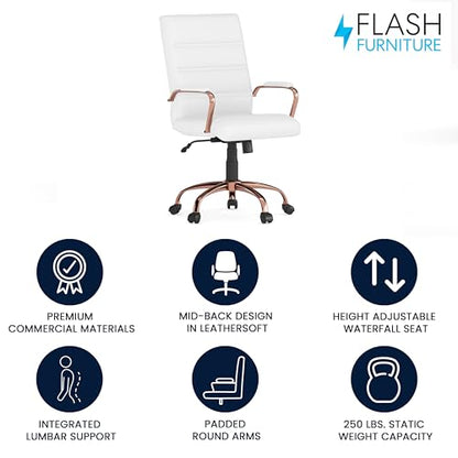 Flash Furniture Mid-Back LeatherSoft Executive Chair, White/Rose Gold - color: White Leathersoft/Rose Gold Frame