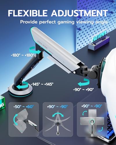 Single Gaming Monitor Arm for 24"-57" Screen, White | Computer Monitor Stand Holds Up to 60LBS - color: WHITE, style: Non-RGB