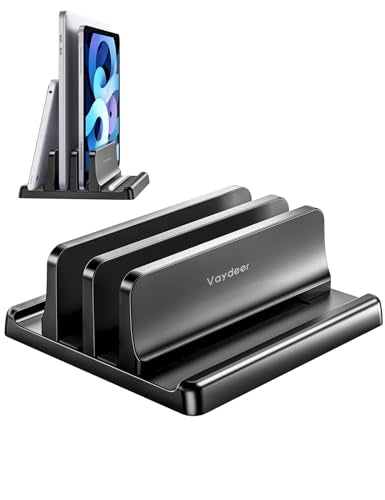 Vaydeer Vertical Laptop Stand for Desk,Dual Slots Plastic Laptop Holder with Space Saving 4-in-1 Design,Adjustable Laptop Organizer Storage Supports for MacBook,Mac,HP,Dell,Microsoft Surface,Lenovo - color: Black