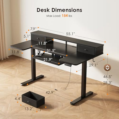 OffiGo 55 Inch U Shape Standing Desk with Keyboard Tray & Drawers, Black - color: Black With Drawers, size: 55 Inch