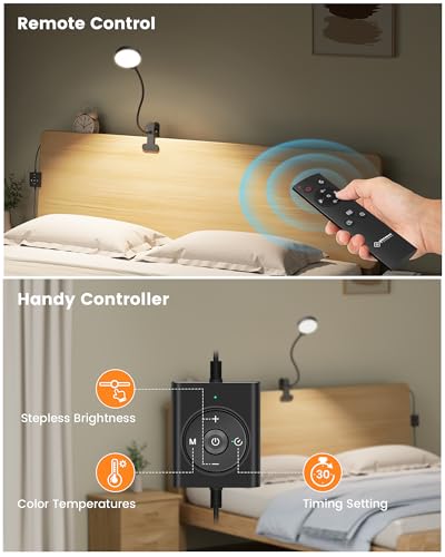 Glocusent 5W Desk Lamp with Remote, 3 Colors & 5 Brightness Reading Lights | Flexible Gooseneck Clip on Lamp, 30-Min Timer Reading Lamp, Perfect Clip on Light for Bunk,Bed,Headboard,Table,Work,Craft - color: Black with Remote