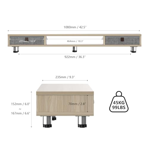 Fenge Dual Monitor Stand, 2-Tier Desk Organizer with Drawers, 42.5in, Oak - color: Oak
