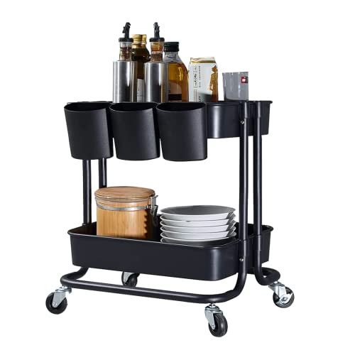 Melody House 2-Tier Utility Rolling Cart Storage Sofa Side Table with Wheels, Mobile Trolley Organizer with for Office Home Kitchen Organization, Black - color: A- Black-1