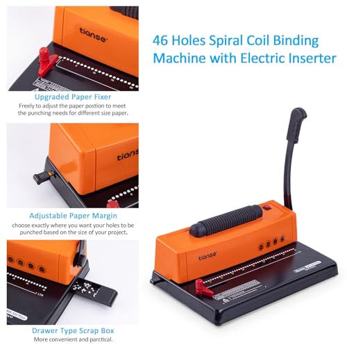 TIANSE Binding Machine, Spiral Coil Binder Machine, Manual Book Maker Punch Binder with Electric Coil Inserter,Suit for Letter Size / A4 / A5