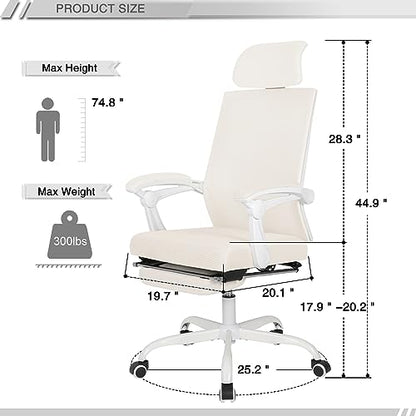 Qulomvs Mesh Ergonomic Office Chair with Footrest Home Office Desk Chair with Headrest and Backrest 90-135 Adjustable Computer Executive Desk Chair with Wheels 360 Swivel Task Chair - color: Cream White With Footrest
