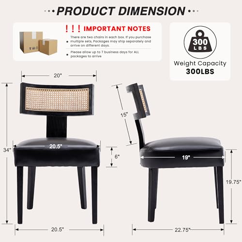 HNY Mid Century Modern Rattan Dining Chairs Set of 2, Farmhouse PU Leather Upholstered Accent Chair Curved Backrest Kitchen Chairs, with Black Hardwood Frame, Black - color: Black Rattan