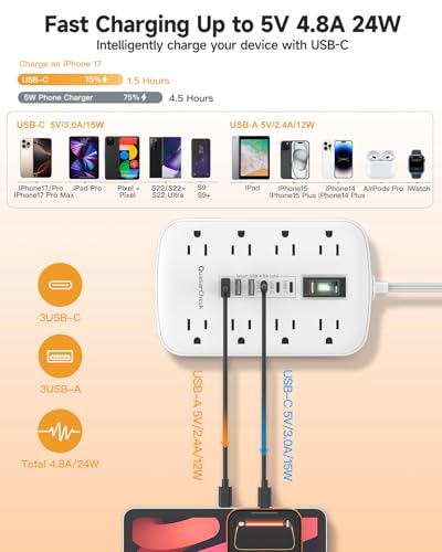 3FT Extension Cord with 6 USB(3 USB C) 8 Outlets, Flat Plug Power Strip - size: 3 FT-White-Three Prong