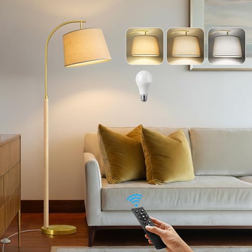 G-SAFAVA Real Wood Floor Lamps for Living Room Bedroom, 62.5" Mid Century Modern Lamp Gold Standing Tall Arc Lamps with Foot Switch, Floor Lamps for Nursery Office Decor Corner Reading Room Light - color: Natural & Gold