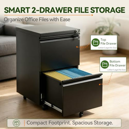 SAWJEC 2 Drawer Rolling File Cabinet Fully Assembled, Black - color: 01b-black