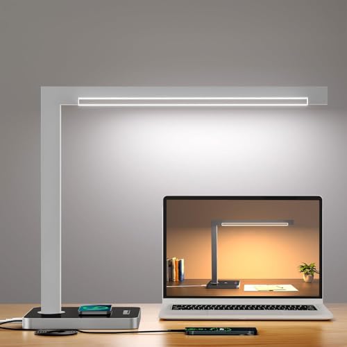 Aluminum LED Desk Lamp with Charging Station, 15W Table Lamp with Type-C Ports & 4 Color Temperature Modes(3000K-6000K), Dimmable Reading Light for Home Office,Bedroom (Includes Adapter) - color: Silver
