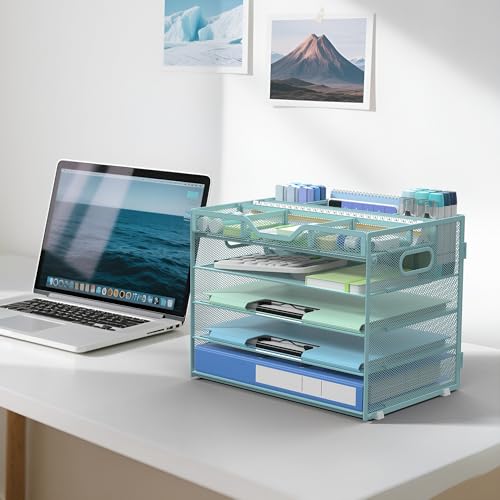 Docnest 5 Tier Mesh Desk Organizer with Removable Tray&Pen Holder, Blue - color: Blue, size: 12.6"x9.1"x10.3"