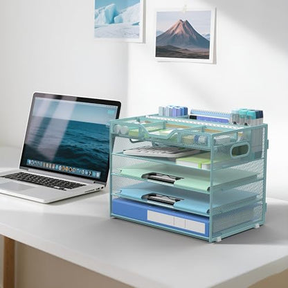 Docnest 5 Tier Mesh Desk Organizer with Removable Tray&Pen Holder, Blue - color: Blue, size: 12.6"x9.1"x10.3"