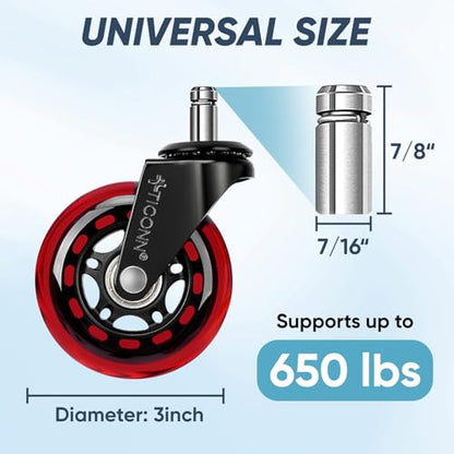 TICONN Office Chair Caster Wheels Set of 5 for Tile, Hardwood Floors and Carpets, Universal Fit for Most Chairs (Red) - style: Red