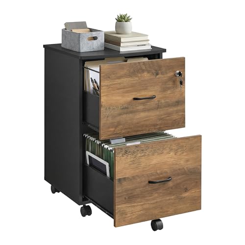 VASAGLE 2-Drawer File Cabinet, Small Rolling, Locking, Printer Stand - color: Rustic Brown + Ink Black, style: with Lock
