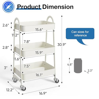 OLIXIS Metal 3 Tiers Rolling Storage Utility Cart with Lockable Wheels - color: White, size: 3-Tiered 17 inches