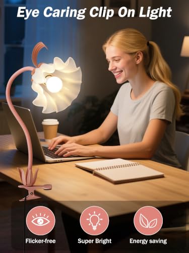 Desk Lamp Flower Clip on Light,3 Color Modes Book Light Flexible Gooseneck LED Reading Light with Clamp Eye-Care Clip on Lamp for Bed Headboard Study Office Dorm (Pink Lamp) - color: Pink Lamp