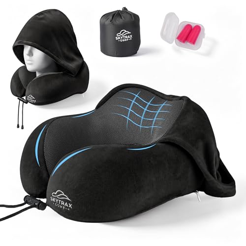 SkytraxComf® Travel Neck Pillow with Hood for Privacy on Long Flights | Memory Foam | Airplane Sleep | Safety-Tested Materials | Extra Large Hood | Chin Support | Earplugs | Washable Cover - color: Black