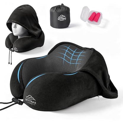SkytraxComf® Travel Neck Pillow with Hood for Privacy on Long Flights | Memory Foam | Airplane Sleep | Safety-Tested Materials | Extra Large Hood | Chin Support | Earplugs | Washable Cover - color: Black