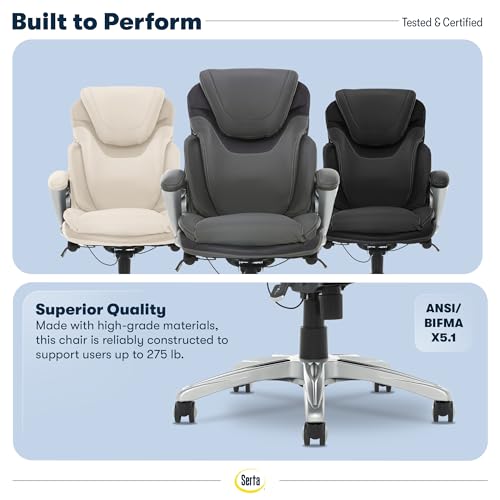 Serta Bryce Executive Office Chair - Ergonomic Computer Desk Chair with Patented AIR Lumbar Technology - Adjustable Height - Memory Foam Body Pillows - 360° Swivel Rolling Base - Bonded Leather - Gray - color: Grey