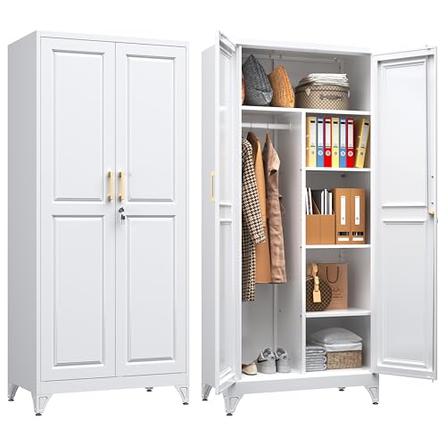 SteeLoong Armoire Wardrobe Closet,71" H Wardrobe Cabinet with Locking Doors | Metal Wardrobe Closet, with Hanging Rod,White Clothing Storage Cabinet 3 Adjustable Shelves,Storage Locker for Bedroom,garage - color: White, style: 71"H with Lock