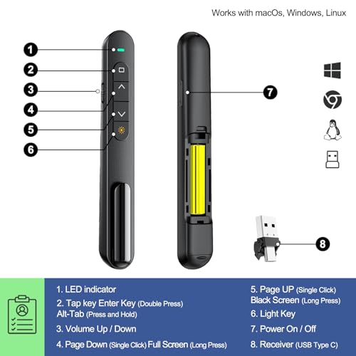 QUI Presentation Clicker with Volume Control, Wireless Presenter Remote | Plug & Play 2.4GHz USB Slide Advancer Compatible with Mac/Windows, Works with PowerPoint, Keynote, and Google Slides - color: Black, size: L