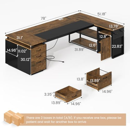 78" Executive Desk with Lockable File Cabinet, L Shaped Office Desk with Power Outlets, Large Executive Desk with Drawers and Storage Shelves, Reversible Computer Desk, Rustic Brown - color: Rustic Brown