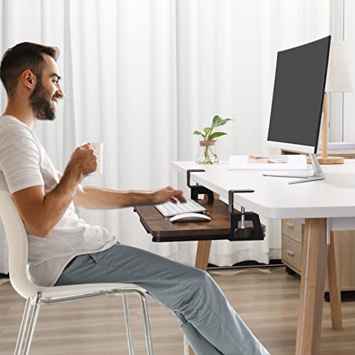 ETHU Keyboard Tray Under Desk, 26.77" X 11.81" Large Size Keyboard Tray with C Clamp-on Mount Easy to Install, Computer Keyboard Stand, Ergonomic Keyboard Tray for Home and Office - color: Woodgrain