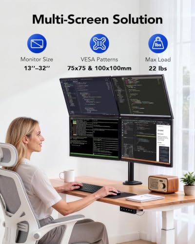 HUANUO Quad Monitor Mount for 13-32 Inch Screens, 4 Monitor Stand with Larger Base, Holds 22 lbs per Arm, Fully Adjustable Stacked Mount, Tilt Swivel Rotation, VESA 75x75/100x100mm, Cable Management
