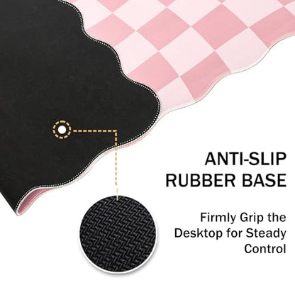 L-SPOUTTO Pink Mouse Pad,Geometric Desk Mat XXL Large Scalloped Gaming Mousepad,35.4x15.7in Non-Slip Rubber Base Keyboard Pad Waterproof Desktop Mat for Laptop Computer Game Home Office-Checkered - color: Pink Checkered