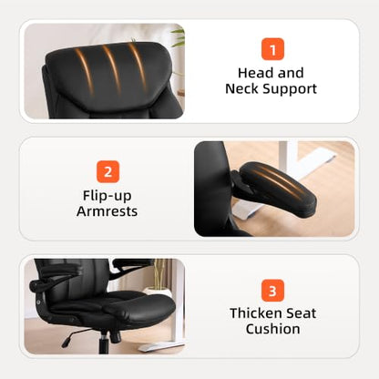 Ergonomic Home Office Chair PU Leather Comfy Computer Chair, Black | Flip-up Armrest, Height Adjustable, Lumbar Support, 360° Swivel Wheels Managerial Executive Chairs for Work Gaming Home Use - color: Black