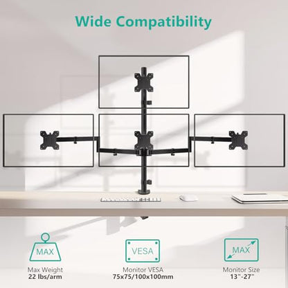 WALI Stacked 4 Monitor Mount for 13-27 inch Screens, up to 22 lbs per Arm | Quad Monitor Stand for Desk, Full Motion with Tilt, Swivel, Rotation, C-Clamp & Grommet Base, VESA 75/100mm (M004S), Black - size: Quad, style: Adjustable